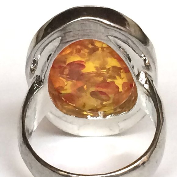 Vintage Faux Honey Amber Cocktail Ring Size 7 8 Oval Cut Silver Plated Simulated - Picture 7 of 9